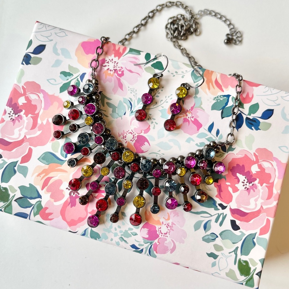 Colorful Rhinestone Necklace Earring Set